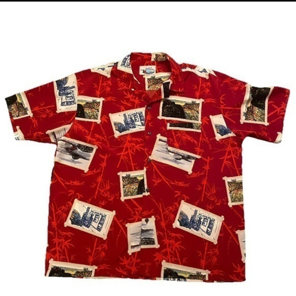 Vintage Ocean Current Hawaiian Aloha Shirt XL Red Tropical Postcard Print Y2K